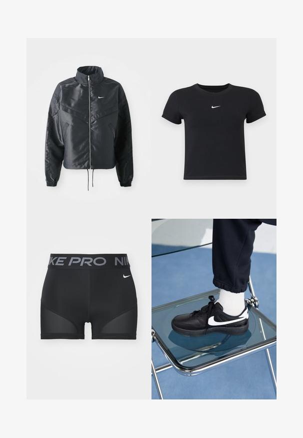 Veste noire courte avec col haut, fermeture éclair, poignets en élasthanne et logo Nike blanc. Tissu lisse et brillant avec une surface légèrement texturée.; T-shirt noir à manches courtes en coton avec un col rond. Présente un logo Nike blanc sur la poitrine, un design minimaliste et une coupe ajustée.; Shorts de sport noirs avec une large ceinture comportant "NIKE PRO" en gris. Comprend des panneaux en maille sur les côtés et un petit logo blanc.; Baskets Nike noires avec des accents blancs, présentant une texture en cuir lisse, un design à lacets et un bout rond, placées sur une chaise en verre.