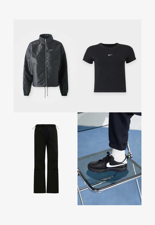 Black cropped jacket with high collar, zip closure, elastane cuffs, and a white Nike logo. Smooth, shiny fabric with a slightly textured surface.; Black short-sleeve t-shirt made of cotton with a round neckline. Features a white Nike logo on the chest, minimalistic design, and fitted shape.; Black, lightweight pants with an elastic waistband, drawstring adjustments, side pockets, and a straight-leg cut. Smooth texture.; Black Nike sneakers with white accents, featuring a smooth leather texture, lace-up design, and rounded toe, positioned on a glass chair.