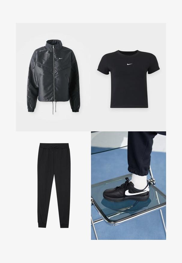 Sort cropped jakke med høj krave, lynlås lukning, elastiske manchetter og et hvidt Nike-logo. Glat, blankt stof med en let struktureret overflade.; Sort kortærmet t-shirt lavet af bomuld med rund hals. Har et hvidt Nike-logo på brystet, minimalistisk design og tætsiddende pasform.; Sorte sweatpants lavet af blødt stof, med elastisk talje og snor, tapered ben og ribbede manchetter ved anklerne.; Sorte Nike sneakers med hvide detaljer, der har en glat læderoverflade, snørebånd og rund tå, placeret på en glasstol.