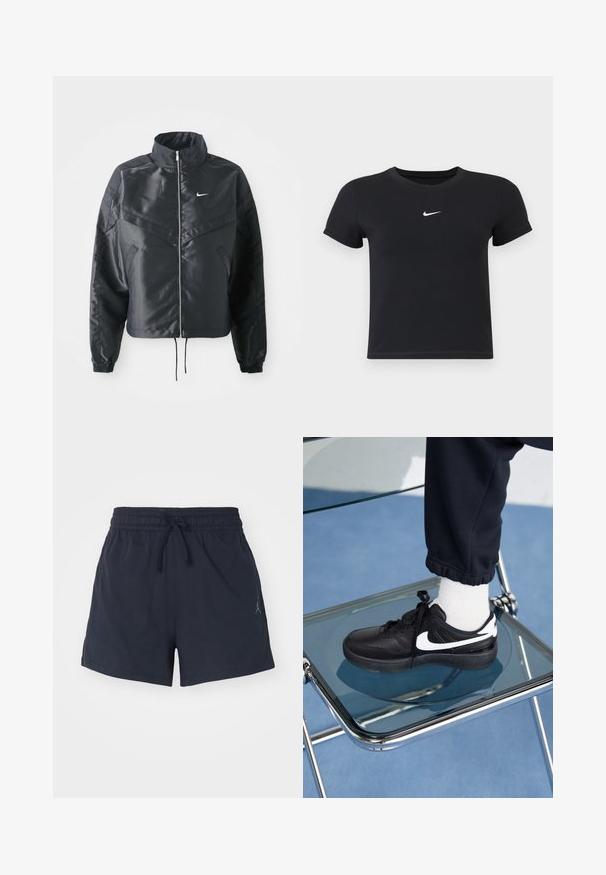 Schwarze, verkürzte Jacke mit hohem Kragen, Reißverschluss, Elastan-Ärmeln und einem weißen Nike-Logo. Glattes, glänzendes Material mit leicht strukturiertem Oberflächeneffekt.; Schwarzes T-Shirt mit kurzen Ärmeln aus Baumwolle und rundem Ausschnitt. Es hat ein weißes Nike-Logo auf der Brust, ein minimalistisches Design und eine taillierte Form.; Marineblaue Sportshorts aus feuchtigkeitsableitendem Material, mit elastischem Bund und Kordelzug sowie kleinem Logo.; Schwarze Nike-Sneaker mit weißen Akzenten, die über eine glatte Ledertextur, ein Schnürdesign und eine abgerundete Zehenform verfügen, platziert auf einem Glasstuhl.