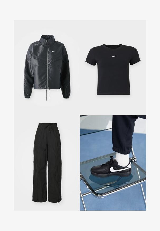 Chaqueta negra corta con cuello alto, cierre de cremallera, puños de elastano y un logo de Nike en blanco. Tejido suave y brillante con una superficie ligeramente texturizada.; Camiseta negra de manga corta hecha de algodón con un cuello redondo. Presenta un logo blanco de Nike en el pecho, diseño minimalista y forma ajustada.; Pantalones anchos de tela ligera y texturizada en color negro. Cuentan con una cintura elástica, detalles de cordón y aberturas con cremallera en los tobillos.; Zapatillas Nike negras con acentos blancos, con una textura de cuero suave, diseño de cordones y punta redondeada, colocadas sobre una silla de cristal.