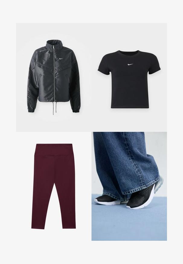 Schwarze, verkürzte Jacke mit hohem Kragen, Reißverschluss, Elastan-Ärmeln und einem weißen Nike-Logo. Glattes, glänzendes Material mit leicht strukturiertem Oberflächeneffekt.; Schwarzes T-Shirt mit kurzen Ärmeln aus Baumwolle und rundem Ausschnitt. Es hat ein weißes Nike-Logo auf der Brust, ein minimalistisches Design und eine taillierte Form.; Burgunderfarbene Leggings mit hohem Bund, hergestellt aus einem glatten, dehnbaren Stoff. Sie verfügen über ein nahtloses Design ohne externe Taschen.; Schwarze Sportschuhe mit Mesh-Details, weißer Sohle und sichtbarer Luftpolsterung, kombiniert mit blauen, weit geschnittenen Jeans.