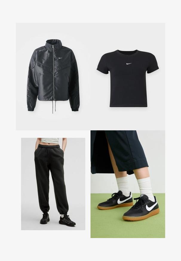 Čierna skrátená bunda s vysokým golierom, zipsovým uzatváraním, elastickými manžetami a bielym logom Nike. Hladká, lesklá tkanina s mierne textúrovaným povrchom.; Čierne tričko s krátkym rukávom vyrobené z bavlny s okrúhlym výstrihom. Obsahuje biele logo Nike na hrudi, minimalistický dizajn a priliehavý strih.; Čierne tepláky s šnúrkou v páse, bočnými vreckami a elastickými manžetami. Mäkká látka s uvoľneným strihom, doplnené texturovanými čiernymi teniskami.; Čierne kožené a syntetické tenisky so bielym logom Nike, gumenou podrážkou, okrúhlou špičkou a čiernymi šnúrkami. Viditeľné biele pruhované ponožky.