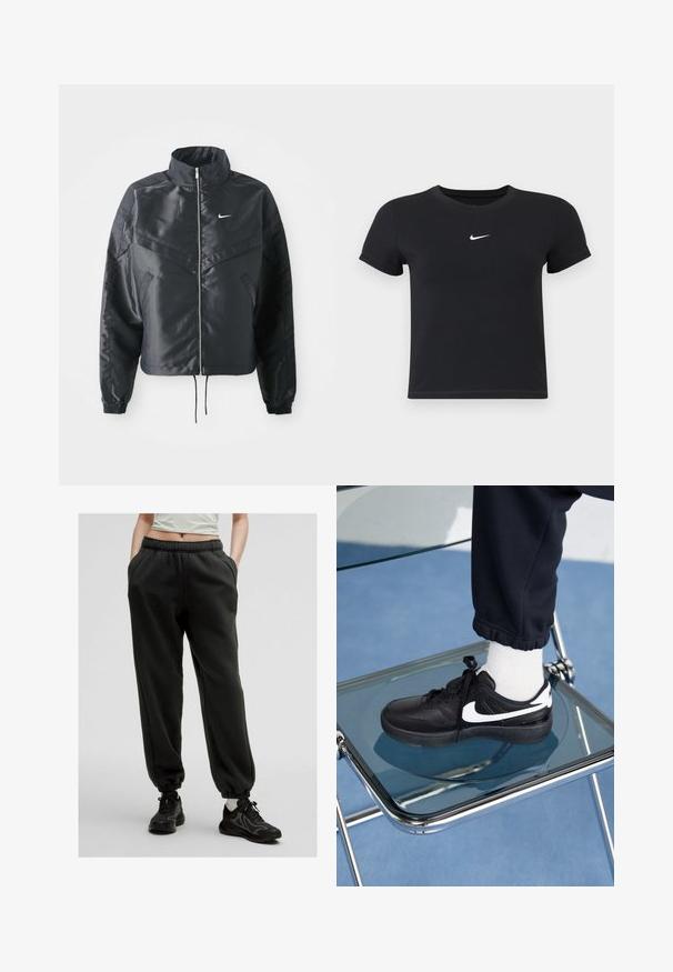 Schwarze, verkürzte Jacke mit hohem Kragen, Reißverschluss, Elastan-Ärmeln und einem weißen Nike-Logo. Glattes, glänzendes Material mit leicht strukturiertem Oberflächeneffekt.; Schwarzes T-Shirt mit kurzen Ärmeln aus Baumwolle und rundem Ausschnitt. Es hat ein weißes Nike-Logo auf der Brust, ein minimalistisches Design und eine taillierte Form.; Schwarze Sweatpants mit Kordelzug, seitlichen Taschen und elastischen Bündchen. Weicher Stoff mit entspannter Passform, kombiniert mit strukturierten schwarzen Sneakers.; Schwarze Nike-Sneaker mit weißen Akzenten, die über eine glatte Ledertextur, ein Schnürdesign und eine abgerundete Zehenform verfügen, platziert auf einem Glasstuhl.