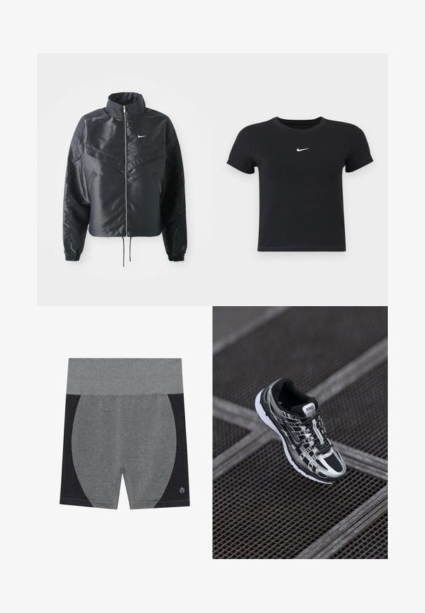 Svart cropped jakke med høy krage, glidelåsåpning, elastiske mansjetter og en hvit Nike-logo. Glatt, shiny stoff med en lett teksturert overflate.; Svart T-skjorte med kort arm laget av bomull med rund hals. Har en hvit Nike-logo på brystet, minimalistisk design og tettsittende fasong.; Grå treningsshorts med en bred elastisk midjebånd. Har en teksturert svart sidepanel og en logo nederst til høyre. Glatt materiale.; Nike løpesko med svart og sølv fargepalett, mesh-overdel, teksturert såle og snøring for en sikker passform.