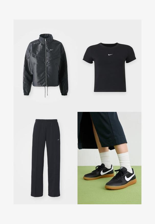 Juoda trumpa striukė su aukštu coloru, užtrauktuku, elastaniniu rankogaliu ir balta Nike logotipu. Lygus, blizgus audinys su šiek tiek tekstūruotu paviršiumi.; Juodas trumpas rankoves marškinėliai, pagaminti iš medvilnės, su apvaliu kaklu. Pasižymi balta Nike logotipu ant krūtinės, minimalistišku dizainu ir prigludusia forma.; Juodos Nike sportinės kelnės su elastingu liemeniu ir šoninėmis kišenėmis, su mažu baltu logotipu ant kairiojo žandikaulio ir tiesiu siluetu.; Juodos odinės ir sintetinių medžiagų sportbačiai su balta Nike swoosh, guminis padas, apvalus pirštas ir juodi raišteliai. Matomos banguotos baltos kojinės.