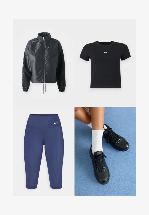 Czarna krótka kurtka z wysokim kołnierzem, zamek błyskawiczny, ściągacze z elastanu i białe logo Nike. Gładki, błyszczący materiał o lekko teksturowanej powierzchni.; Czarny krótki rękaw t-shirt wykonany z bawełny, z okrągłym dekoltem. Posiada białe logo Nike na piersi, minimalistyczny wzór oraz dopasowany krój.; Granatowe legginsy capri z elastycznego materiału, z szerokim pasem w talii i małym białym logo po lewej stronie. Brak widocznych szwów.; Czarne sneakersy Nike mają fakturowaną cholewkę, błyszczące akcenty i okrągłe sznurowadła. Są zestawione z białymi skarpetami o żebrowanej strukturze na jasnoniebieskiej powierzchni.