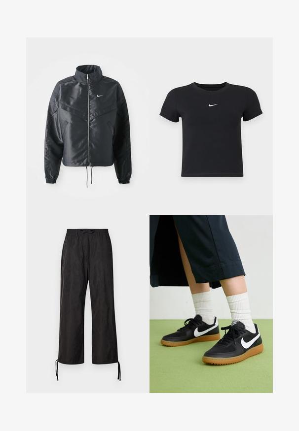 Černá zkrácená bunda s vysokým límcem, zipovým zapínáním, elastickými manžetami a bílým logem Nike. Hladká, lesklá látka s mírně strukturovaným povrchem.; Černé tričko s krátkým rukávem vyrobené z bavlny s kulatým výstřihem. Na hrudi se nachází bílé logo Nike, minimalistický design a přiléhavý střih.; Černé, volné kalhoty s elastickým pasem a nastavitelnými šňůrkami na kotnících. Hladká látka s jemným leskem.; Černé kožené a syntetické tenisky s bílým logem Nike, gumovou podrážkou, kulatou špičkou a černými tkaničkami. Viditelné žebrované bílé ponožky.