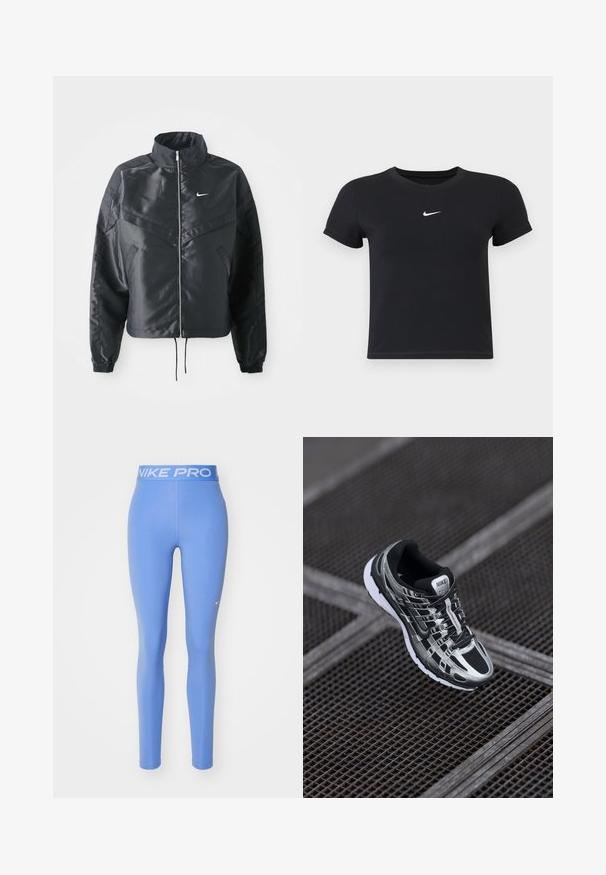 Černá zkrácená bunda s vysokým límcem, zipovým zapínáním, elastickými manžetami a bílým logem Nike. Hladká, lesklá látka s mírně strukturovaným povrchem.; Černé tričko s krátkým rukávem vyrobené z bavlny s kulatým výstřihem. Na hrudi se nachází bílé logo Nike, minimalistický design a přiléhavý střih.; Legíny Nike Pro, jednobarevné světle modré, elastický pas s bílým textem "NIKE PRO", hladká textura, těsně padnoucí design.; Běžecké boty Nike s černo-stříbrným barevným schématem, síťovaným svrškem, texturovanou podrážkou a systémem šněrování pro bezpečné uchycení.