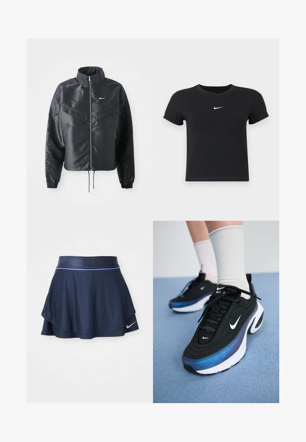 Črna skrajšana jakna z visokim ovratnikom, zadrgo, elastan rokavi in belim logotipom Nike. Gladek, sijoč material z rahlo teksturirano površino.; Črna kratka majica z rokavi iz bombaža s krožnim vratnim izrezom. Ima bel Nike logotip na prsih, minimalističen dizajn in oprijet kroj.; Bordo športna krila iz rebraste krpe, s krožno zasnovo, širokim pasom in belim logotipom Nike na robu.; Črne Nike športne copate z gladkim zgornjim delom iz tkanine, ki imajo gradientni dizajn od modre do črne, belo podplat in izrazite logotipne akcenta.