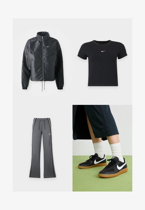 Black cropped jacket with high collar, zip closure, elastane cuffs, and a white Nike logo. Smooth, shiny fabric with a slightly textured surface.; Black short-sleeve t-shirt made of cotton with a round neckline. Features a white Nike logo on the chest, minimalistic design, and fitted shape.; Gray track pants with a drawstring waist, side stripes, and a small logo. Made of soft material, featuring a wide-leg design and smooth texture.; Black leather and synthetic sneakers with white Nike swoosh, rubber gum sole, round toe, and black laces. Ribbed white socks visible.