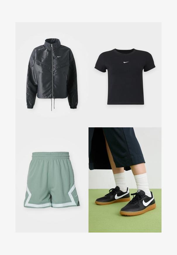 Chaqueta negra corta con cuello alto, cierre de cremallera, puños de elastano y un logo de Nike en blanco. Tejido suave y brillante con una superficie ligeramente texturizada.; Camiseta negra de manga corta hecha de algodón con un cuello redondo. Presenta un logo blanco de Nike en el pecho, diseño minimalista y forma ajustada.; Jordan DIAMOND - Pantalón corto de deporte - jade smoke/barely green; Zapatillas de cuero negro y sintético con el swoosh blanco de Nike, suela de goma, punta redonda y cordones negros. Calcetines blancos acanalados visibles.