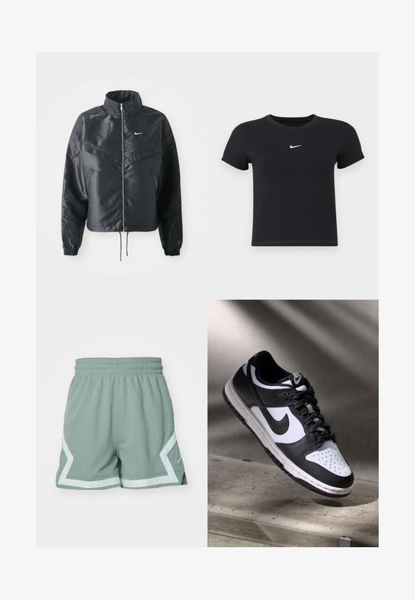 Black cropped jacket with high collar, zip closure, elastane cuffs, and a white Nike logo. Smooth, shiny fabric with a slightly textured surface.; Black short-sleeve t-shirt made of cotton with a round neckline. Features a white Nike logo on the chest, minimalistic design, and fitted shape.; Jordan DIAMOND - Sports shorts - jade smoke/barely green; Black and white Nike Dunk Low sneaker with leather upper, perforated toe box, and black laces, featuring a white sole and logo accents.