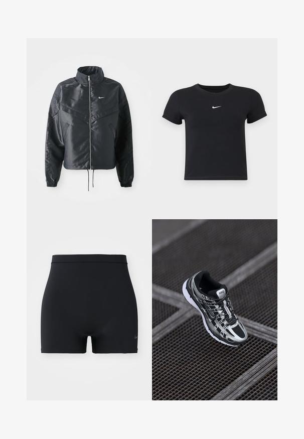 Juoda trumpa striukė su aukštu coloru, užtrauktuku, elastaniniu rankogaliu ir balta Nike logotipu. Lygus, blizgus audinys su šiek tiek tekstūruotu paviršiumi.; Juodas trumpas rankoves marškinėliai, pagaminti iš medvilnės, su apvaliu kaklu. Pasižymi balta Nike logotipu ant krūtinės, minimalistišku dizainu ir prigludusia forma.; Juodi sportiniai šortai, pagaminti iš lygaus, elastingo audinio, su vidutinio aukščio liemenėle ir mažu Nike logo kairėje pusėje.; Nike bėgimo bateliai su juodos ir sidabrinės spalvų schema, tinklinis viršus, tekstūruota padas ir raištelių sistema saugiam prigludimui.