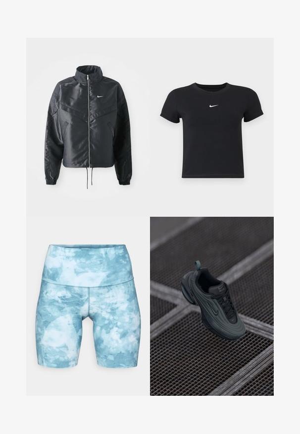 Black cropped jacket with high collar, zip closure, elastane cuffs, and a white Nike logo. Smooth, shiny fabric with a slightly textured surface.; Black short-sleeve t-shirt made of cotton with a round neckline. Features a white Nike logo on the chest, minimalistic design, and fitted shape.; High-waisted, knee-length bike shorts made of stretchy fabric in shades of light blue with a watercolor pattern and flatlock seams.; Dark green and black Nike Air sneaker floating above a metal grid floor, showcasing its side and top design details.