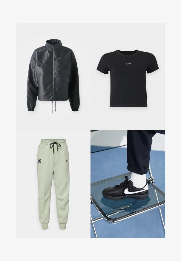 Zwarte cropped jack met hoge kraag, ritsluiting, elastische manchetten en een wit Nike-logo. Glad, glanzend materiaal met een licht gestructureerd oppervlak.; Zwarte katoenen t-shirt met korte mouwen en ronde hals. Voorzien van een wit Nike-logo op de borst, minimalistisch ontwerp en een aansluitende pasvorm.; Lichtgroene Nike joggers met elastische tailleband, trekkoord, zijzakken en een Chelsea FC-logo op de linker bovenbeen.; Zwarte Nike sneakers met witte accenten, met een gladde leren textuur, vetersluiting en ronde neus, geplaatst op een glazen stoel.