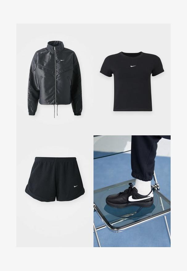 Czarna krótka kurtka z wysokim kołnierzem, zamek błyskawiczny, ściągacze z elastanu i białe logo Nike. Gładki, błyszczący materiał o lekko teksturowanej powierzchni.; Czarny krótki rękaw t-shirt wykonany z bawełny, z okrągłym dekoltem. Posiada białe logo Nike na piersi, minimalistyczny wzór oraz dopasowany krój.; Czarne spodenki sportowe o strukturalnej fakturze, elastycznym pasie, zaokrąglonych dolnych krawędziach i małym białym logo Nike na dolnej stronie.; Czarne sneakersy Nike z białymi akcentami, charakteryzujące się gładką skórzaną teksturą, zawiązywaną konstrukcją i zaokrąglonym noskiem, umieszczone na szklanym krześle.