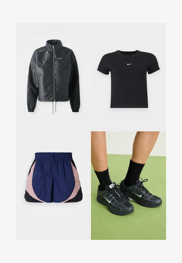 Fekete, rövidített dzseki magas gallérral, cipzáras záródással, elasztikus mandzsettákkal, és fehér Nike logóval. Simább, fényes anyag, enyhén textúrázott felülettel.; Fekete, rövid ujjú póló, pamutból készült, kerek nyakkivágással. A mellkasán fehér Nike logó található, minimális dizájnnal és testhez simuló formával.; Nike sportnadrág elasztikus derékkal, tengerészkék, rózsaszín és fekete panelek jellemzik. Könnyű, texturált anyagból készült.; Fekete Nike sportcipők hálós és szintetikus betétekkel, fényvisszaverő részletekkel, párnázott talppal és fekete bordázott zoknikkal.