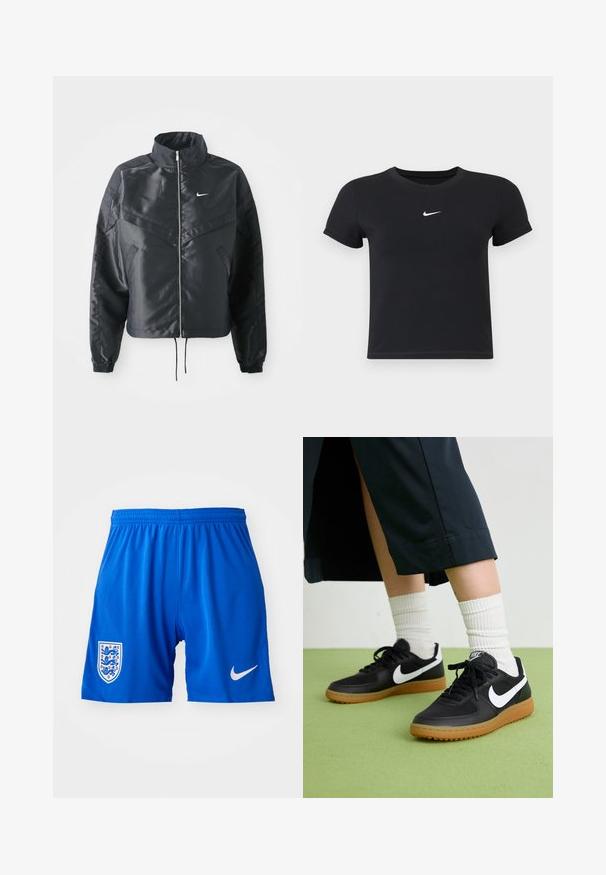 Chaqueta negra corta con cuello alto, cierre de cremallera, puños de elastano y un logo de Nike en blanco. Tejido suave y brillante con una superficie ligeramente texturizada.; Camiseta negra de manga corta hecha de algodón con un cuello redondo. Presenta un logo blanco de Nike en el pecho, diseño minimalista y forma ajustada.; Pantalones cortos deportivos azules con una tela texturizada, cinturilla elástica, logotipo de Nike en blanco y escudo de la selección nacional de Inglaterra en el lado izquierdo.; Zapatillas de cuero negro y sintético con el swoosh blanco de Nike, suela de goma, punta redonda y cordones negros. Calcetines blancos acanalados visibles.