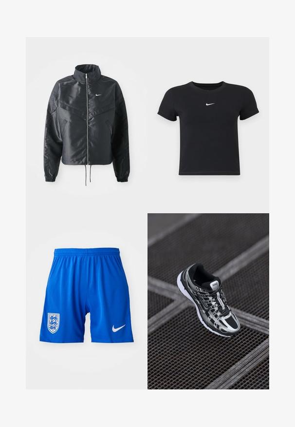 Čierna skrátená bunda s vysokým golierom, zipsovým uzatváraním, elastickými manžetami a bielym logom Nike. Hladká, lesklá tkanina s mierne textúrovaným povrchom.; Čierne tričko s krátkym rukávom vyrobené z bavlny s okrúhlym výstrihom. Obsahuje biele logo Nike na hrudi, minimalistický dizajn a priliehavý strih.; Modré atletické šortky s textúrovanou tkaninou, elastický pás, biele logo Nike a znak anglickej reprezentácie na ľavej strane.; Bežecká obuv Nike s čierno-striebornou farebnou schémou, sieťovinovým zvrškom, štruktúrovanou podrážkou a systémom šnurovania pre bezpečné uchytenie.
