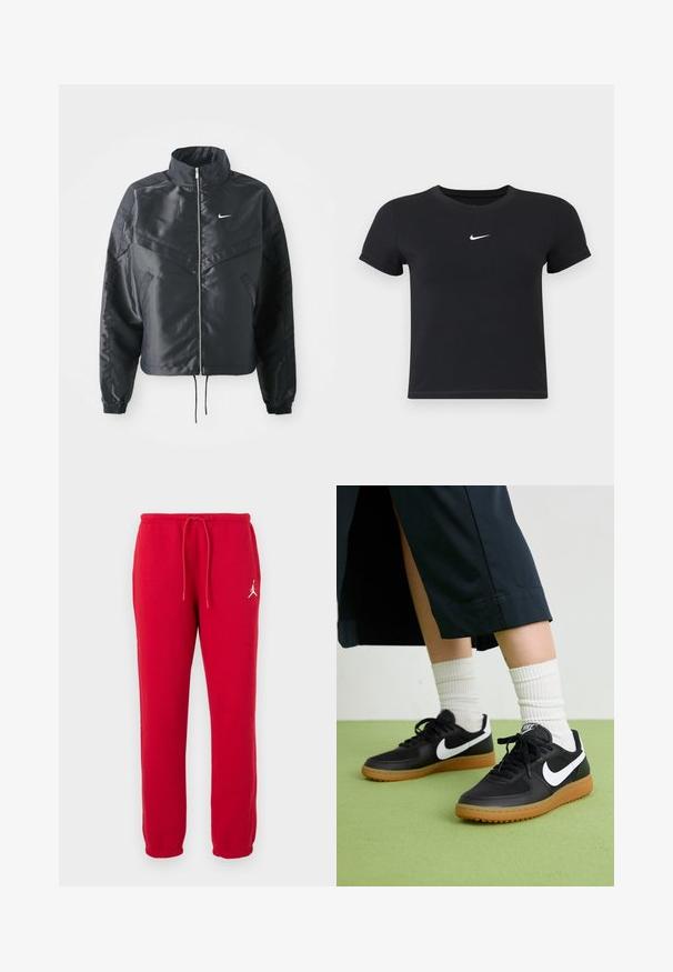 Casaco preto curto com colarinho alto, fecho de zip, punhos em elastano e um logótipo Nike branco. Tecido suave e brilhante com uma superfície ligeiramente texturizada.; T-shirt preta de manga curta feita de algodão, com decote redondo. Apresenta um logótipo branco da Nike no peito, design minimalista e corte ajustado.; Calças de moletão vermelhas em algodão com cintura ajustável, punhos elásticos e um logótipo branco na coxa esquerda. Textura suave, ajuste regular.; Sapatilhas pretas em couro e sintético com o logo da Nike em branco, sola de borracha tipo goma, bico redondo e atacadores pretos. Meias brancas com frunces visíveis.
