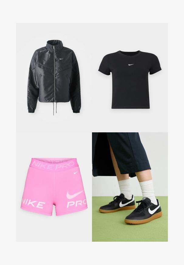 Crna kratka jakna s visokim ovratnikom, zatvaranjem na patentni zatvarač, elastinim rukavima i bijelim Nike logom. Glatka, sjajna tkanina s lagano teksturiranom površinom.; Crna majica kratkih rukava od pamuka s okruglim izrezom. Ima bijeli Nike logotip na prsima, minimalistički dizajn i oblik koji prati liniju tijela.; Nike Pro ružičaste atletske kratke hlače s visokim elastičnim pojasom, bijelim logotipom i glatkim, rastezljivim materijalom.; Crne kožne i sintetičke tenisice s bijelim Nike swooshom, gumeni potplat, okrugli vrh i crne vezice. Vidljive rebraste bijele čarape.