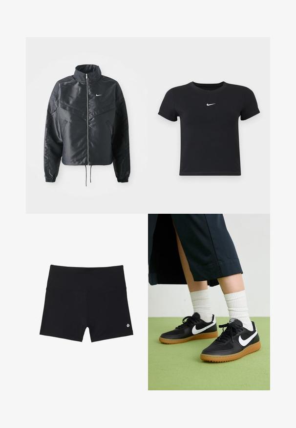 Svart cropped jakke med høy krage, glidelåsåpning, elastiske mansjetter og en hvit Nike-logo. Glatt, shiny stoff med en lett teksturert overflate.; Svart T-skjorte med kort arm laget av bomull med rund hals. Har en hvit Nike-logo på brystet, minimalistisk design og tettsittende fasong.; Sorte athletic shorts laget av elastisk stoff, med høy midje og en liten hvit logo nederst til høyre.; Sorte lær- og syntetiske joggesko med hvit Nike swoosh, gummisåle, rund tå og sorte lisser. Ribbet hvite sokker synlige.