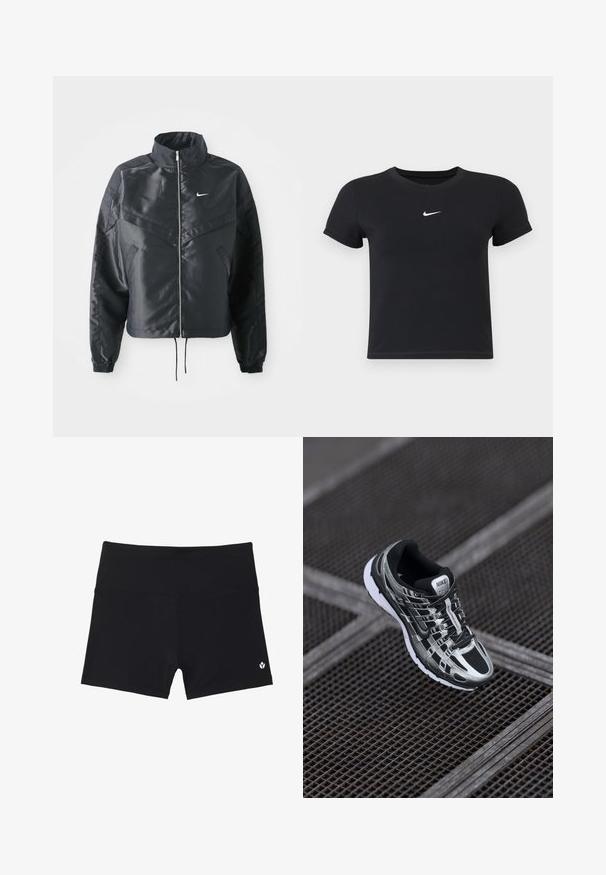 Černá zkrácená bunda s vysokým límcem, zipovým zapínáním, elastickými manžetami a bílým logem Nike. Hladká, lesklá látka s mírně strukturovaným povrchem.; Černé tričko s krátkým rukávem vyrobené z bavlny s kulatým výstřihem. Na hrudi se nachází bílé logo Nike, minimalistický design a přiléhavý střih.; Černé sportovní šortky vyrobené z elastického materiálu, s vysokým pasem a malým bílým logem v pravém dolním rohu.; Běžecké boty Nike s černo-stříbrným barevným schématem, síťovaným svrškem, texturovanou podrážkou a systémem šněrování pro bezpečné uchycení.