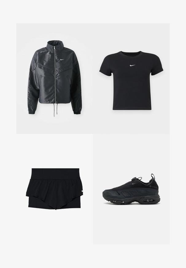 Giacca nera cropped con colletto alto, chiusura a zip, polsini in elastan e logo Nike bianco. Tessuto liscio e lucido con una superficie leggermente texturizzata.; T-shirt nera a maniche corte in cotone con scollatura rotonda. Presenta un logo Nike bianco sul petto, un design minimalista e una forma aderente.; Pantaloni corti sportivi neri con un design a strati e volants. Lo strato esterno è liscio, mentre quello interno ha un tessuto testurizzato e perforato.; Sneakers neri con tomaia in rete testurizzata, suola in gomma e ammortizzazione ad aria visibile. Presentano strap e dettagli perforati per la traspirabilità.