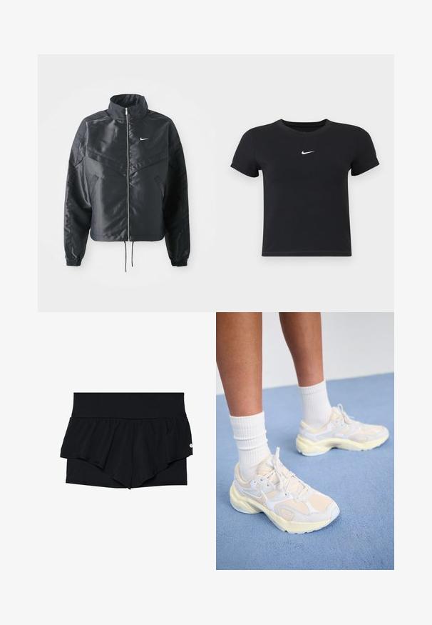 Schwarze, verkürzte Jacke mit hohem Kragen, Reißverschluss, Elastan-Ärmeln und einem weißen Nike-Logo. Glattes, glänzendes Material mit leicht strukturiertem Oberflächeneffekt.; Schwarzes T-Shirt mit kurzen Ärmeln aus Baumwolle und rundem Ausschnitt. Es hat ein weißes Nike-Logo auf der Brust, ein minimalistisches Design und eine taillierte Form.; Schwarze Sportshorts mit einem schichtenvollem Rüschendesign. Die äußere Schicht ist glatt, während die innere aus einem strukturierten, perforierten Stoff besteht.; Elegante Sportschuhe in blassgelb und weiß, gefertigt aus Mesh- und Synthetikmaterialien, mit runder Form und strukturierten Sohlen.