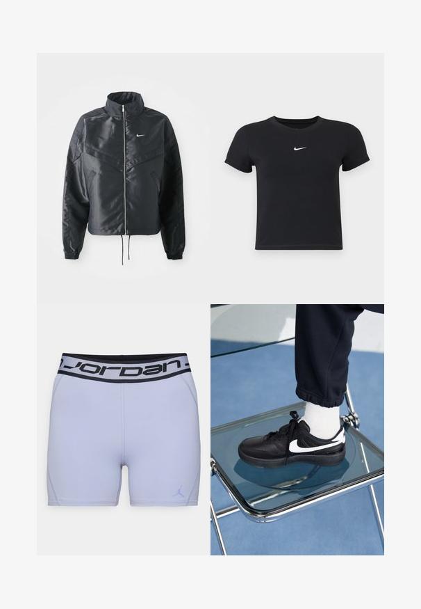 Mustat lyhyet takit, joissa on korkea kaulus, vetoketjukiinnitys, elastaanista valmistetut hihan suut ja valkoinen Nike-logo. Sileä, kiiltävä kangas, jossa on hieman tekstuuria.; Mustat lyhyet hihattomat t-paidat, jotka on valmistettu puuvillasta ja joissa on pyöreä pääntie. Sisältää valkoisen Nike-logon rinnassa, yksinkertainen muotoilu ja kapea leikkaus.; Vaalean violetit urheilushortsit, joissa on musta Jordan-logo vyötäröllä. Valmistettu sileästä, joustavasta materiaalista, jossa on vahvistetut saumat.; Mustat Nike-tennarit valkoisilla yksityiskohdilla, joissa on sileä nahkapinta, nauhakiinnitys ja pyöreä varvas, aseteltuna lasituolille.