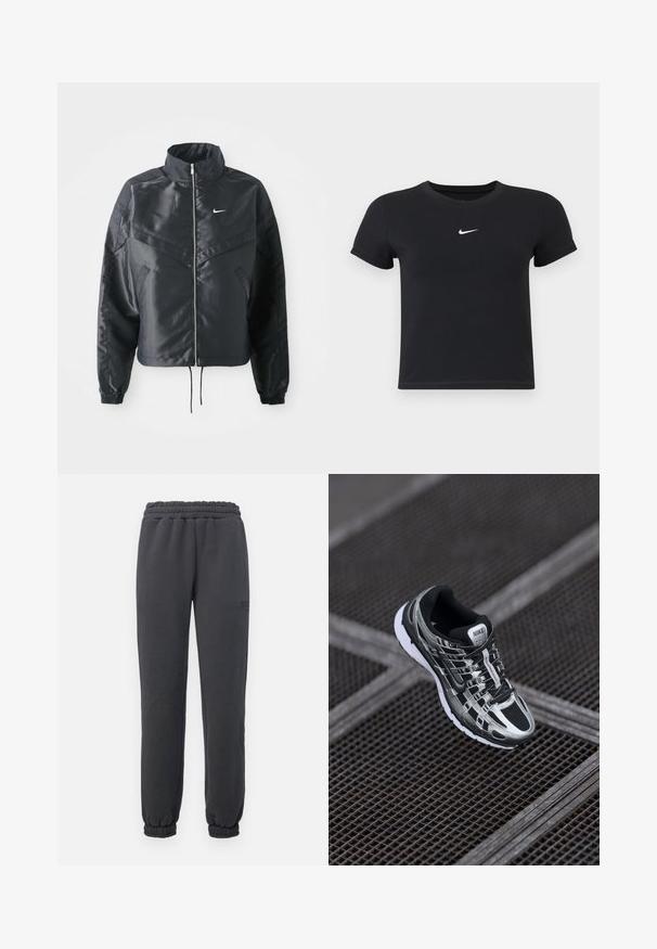 Schwarze, verkürzte Jacke mit hohem Kragen, Reißverschluss, Elastan-Ärmeln und einem weißen Nike-Logo. Glattes, glänzendes Material mit leicht strukturiertem Oberflächeneffekt.; Schwarzes T-Shirt mit kurzen Ärmeln aus Baumwolle und rundem Ausschnitt. Es hat ein weißes Nike-Logo auf der Brust, ein minimalistisches Design und eine taillierte Form.; Rip Curl VARSITY PANTS - Jogginghose - washed black; Nike-Laufschuh mit einem schwarz-silbernen Farbschema, Mesh-Obermaterial, strukturiertem Sohle und Schnürsystem für einen sicheren Sitz.