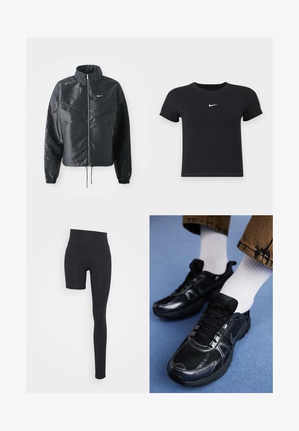 Giacca nera cropped con colletto alto, chiusura a zip, polsini in elastan e logo Nike bianco. Tessuto liscio e lucido con una superficie leggermente texturizzata.; T-shirt nera a maniche corte in cotone con scollatura rotonda. Presenta un logo Nike bianco sul petto, un design minimalista e una forma aderente.; Even&Odd active Leggings - black/short right leg; Le scarpe da sport nere Nike presentano una tomaia in rete con dettagli lucidi, lacci neri e una suola texture. Abbinate a calzini bianchi a coste.