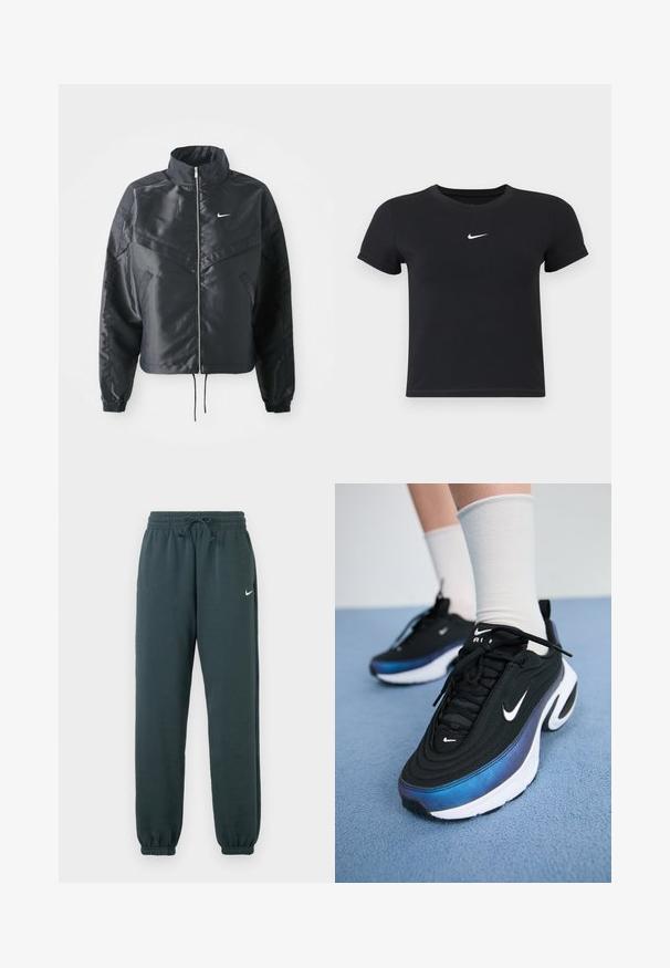 Černá zkrácená bunda s vysokým límcem, zipovým zapínáním, elastickými manžetami a bílým logem Nike. Hladká, lesklá látka s mírně strukturovaným povrchem.; Černé tričko s krátkým rukávem vyrobené z bavlny s kulatým výstřihem. Na hrudi se nachází bílé logo Nike, minimalistický design a přiléhavý střih.; Tmavě zelené tepláky Nike vyrobené z měkké látky, s elastickým pasem a nastavitelnou šňůrkou, zakončené manžetami.; Černé tenisky Nike s hladkým textilním svrškem, s přechodem barev od modré k černé, bílou podešví a výraznými akcenty loga.