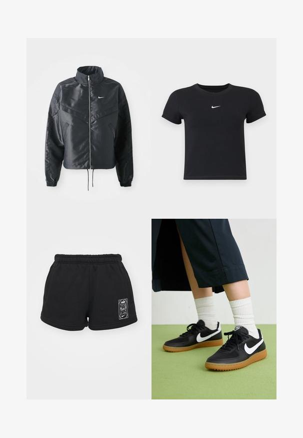 Must kolledžiga must lühike jope, millel on lukuga sulgus, elastne mansett ja valge Nike logo. Sile, läikiv kangas, millel on veidi tekstureeritud pind.; Must have lühikeste varrukatega must t-särk, mis on valmistatud puuvillast ja millel on ümar kaelus. Ees on valge Nike logo, minimaalne disain ja sobiv kuju.; Mustadest puuvillast lühikesed püksid, millel on kummist vöökoht, esiosas valge graafikaprint ja küljetaskud.; Mustad nahast ja sünteetilised sneekerid valge Nike logoga, kummist gumme, ümar nina ja mustad paelad. Näha ribakujulisi valgeid sokke.