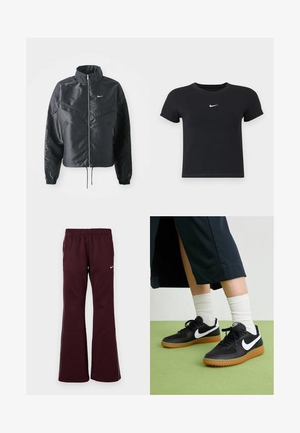 Chaqueta negra corta con cuello alto, cierre de cremallera, puños de elastano y un logo de Nike en blanco. Tejido suave y brillante con una superficie ligeramente texturizada.; Camiseta negra de manga corta hecha de algodón con un cuello redondo. Presenta un logo blanco de Nike en el pecho, diseño minimalista y forma ajustada.; Pantalones deportivos burdeos con un diseño acampanado, cinturilla elástica y bolsillos laterales. Presentan un ribete blanco y un pequeño logotipo en la parte frontal.; Zapatillas de cuero negro y sintético con el swoosh blanco de Nike, suela de goma, punta redonda y cordones negros. Calcetines blancos acanalados visibles.