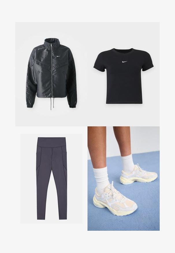 Giacca nera cropped con colletto alto, chiusura a zip, polsini in elastan e logo Nike bianco. Tessuto liscio e lucido con una superficie leggermente texturizzata.; T-shirt nera a maniche corte in cotone con scollatura rotonda. Presenta un logo Nike bianco sul petto, un design minimalista e una forma aderente.; Leggings grigio scuro con vita alta, dotati di tasche laterali e dettagli di cucitura strutturata. Realizzati in tessuto elastico e traspirante.; Scarpe sportive eleganti in giallo pallido e bianco, realizzate con materiali in rete e sintetici, dalla forma arrotondata e suole testurizzate.