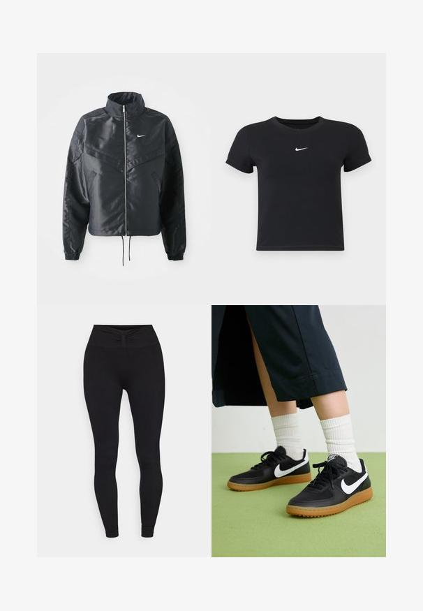 Casaco preto curto com colarinho alto, fecho de zip, punhos em elastano e um logótipo Nike branco. Tecido suave e brilhante com uma superfície ligeiramente texturizada.; T-shirt preta de manga curta feita de algodão, com decote redondo. Apresenta um logótipo branco da Nike no peito, design minimalista e corte ajustado.; Yogasearcher NALA - Leggings - black; Sapatilhas pretas em couro e sintético com o logo da Nike em branco, sola de borracha tipo goma, bico redondo e atacadores pretos. Meias brancas com frunces visíveis.