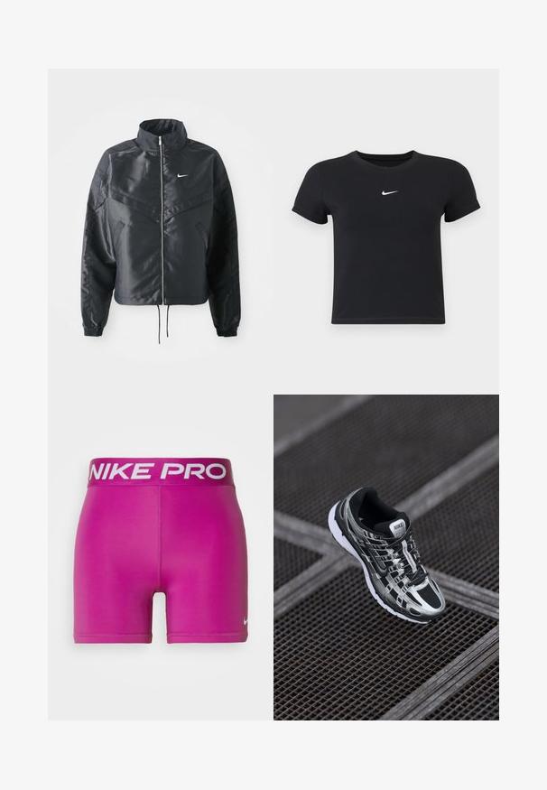 Giacca nera cropped con colletto alto, chiusura a zip, polsini in elastan e logo Nike bianco. Tessuto liscio e lucido con una superficie leggermente texturizzata.; T-shirt nera a maniche corte in cotone con scollatura rotonda. Presenta un logo Nike bianco sul petto, un design minimalista e una forma aderente.; Nike Performance SHORT - Leggings - hot fuchsia; Scarpa da corsa Nike con una combinazione di colori nera e argento, tomaia in rete, suola testurizzata e sistema di allacciatura per una vestibilità sicura.