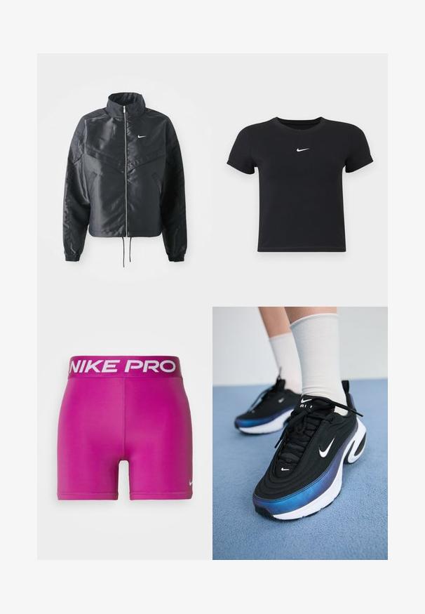 Juoda trumpa striukė su aukštu coloru, užtrauktuku, elastaniniu rankogaliu ir balta Nike logotipu. Lygus, blizgus audinys su šiek tiek tekstūruotu paviršiumi.; Juodas trumpas rankoves marškinėliai, pagaminti iš medvilnės, su apvaliu kaklu. Pasižymi balta Nike logotipu ant krūtinės, minimalistišku dizainu ir prigludusia forma.; Nike Performance SHORT - Tamprės - hot fuchsia; Juodi Nike sportbačiai su glotna audinio viršutine dalimi, turintys gradientinį mėlynos ir juodos spalvos dizainą, baltą pado dalį ir akcentuotus logotipus.