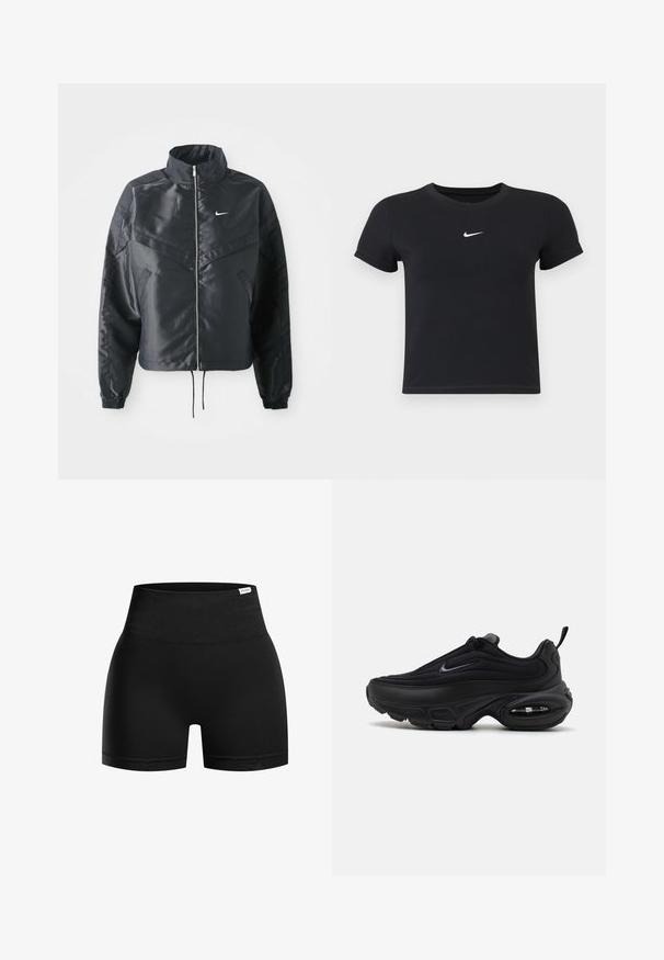 Veste noire courte avec col haut, fermeture éclair, poignets en élasthanne et logo Nike blanc. Tissu lisse et brillant avec une surface légèrement texturée.; T-shirt noir à manches courtes en coton avec un col rond. Présente un logo Nike blanc sur la poitrine, un design minimaliste et une coupe ajustée.; Shorts noirs taille haute en matière lisse et extensible avec une large ceinture et une coupe courte, présentant un léger éclat.; Baskets de sport noires avec un dessus lisse et texturé. Dotées d'un bout arrondi, d'un col rembourré et d'un amorti d'air visible dans la semelle.