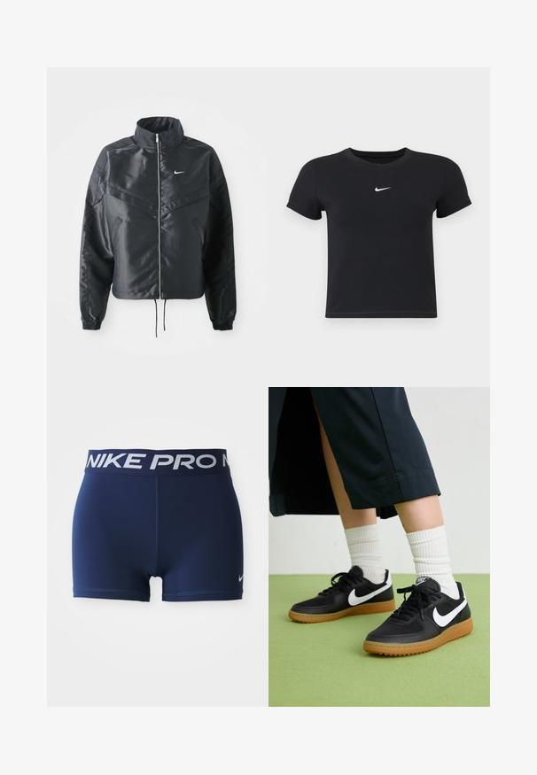 Svart cropped jakke med høy krage, glidelåsåpning, elastiske mansjetter og en hvit Nike-logo. Glatt, shiny stoff med en lett teksturert overflate.; Svart T-skjorte med kort arm laget av bomull med rund hals. Har en hvit Nike-logo på brystet, minimalistisk design og tettsittende fasong.; Mørkeblå idrettsshorts med bred elastisk midje som har "NIKE PRO" i hvitt. Glatt tekstur med flatlock-sømmer og kontrastlogo.; Sorte lær- og syntetiske joggesko med hvit Nike swoosh, gummisåle, rund tå og sorte lisser. Ribbet hvite sokker synlige.