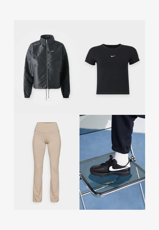 Jachetă croppată neagră cu guler înalt, închidere cu fermoar, manșete din elastan și un logo alb Nike. Material neted, lucios, cu o suprafață ușor texturată.; Tricou negru cu mânecă scurtă, din bumbac, cu decolteu rotund. Prezintă un logo alb Nike pe piept, design minimalist și croială ajustată.; Colanți bej cu talie înaltă, fabricați dintr-un material moale și elastic. Prezintă o textură netedă și un design aderent, care se îngustează la gleznă.; Adidași negri Nike cu accente albe, cu o textură de piele netedă, design cu șireturi și vârf rotunjit, așezați pe un scaun din sticlă.