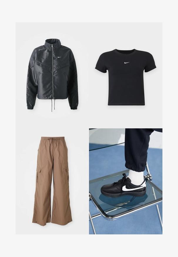 Schwarze, verkürzte Jacke mit hohem Kragen, Reißverschluss, Elastan-Ärmeln und einem weißen Nike-Logo. Glattes, glänzendes Material mit leicht strukturiertem Oberflächeneffekt.; Schwarzes T-Shirt mit kurzen Ärmeln aus Baumwolle und rundem Ausschnitt. Es hat ein weißes Nike-Logo auf der Brust, ein minimalistisches Design und eine taillierte Form.; Braune lässige Cargo-Hosen mit Kordelzugbund und seitlichen Klappen-Taschen, weit geschnitten, vor einem weißen Hintergrund präsentiert.; Schwarze Nike-Sneaker mit weißen Akzenten, die über eine glatte Ledertextur, ein Schnürdesign und eine abgerundete Zehenform verfügen, platziert auf einem Glasstuhl.
