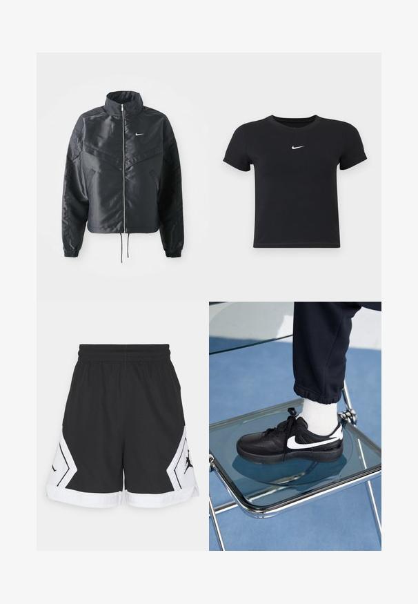 Mustat lyhyet takit, joissa on korkea kaulus, vetoketjukiinnitys, elastaanista valmistetut hihan suut ja valkoinen Nike-logo. Sileä, kiiltävä kangas, jossa on hieman tekstuuria.; Mustat lyhyet hihattomat t-paidat, jotka on valmistettu puuvillasta ja joissa on pyöreä pääntie. Sisältää valkoisen Nike-logon rinnassa, yksinkertainen muotoilu ja kapea leikkaus.; Mustat urheilushortsit, jotka on valmistettu hengittävästä kankaasta. Shortsien sivuilla on valkoisia yksityiskohtia ja musta logo, ja niissä on joustava vyötärö mukavuutta varten.; Mustat Nike-tennarit valkoisilla yksityiskohdilla, joissa on sileä nahkapinta, nauhakiinnitys ja pyöreä varvas, aseteltuna lasituolille.