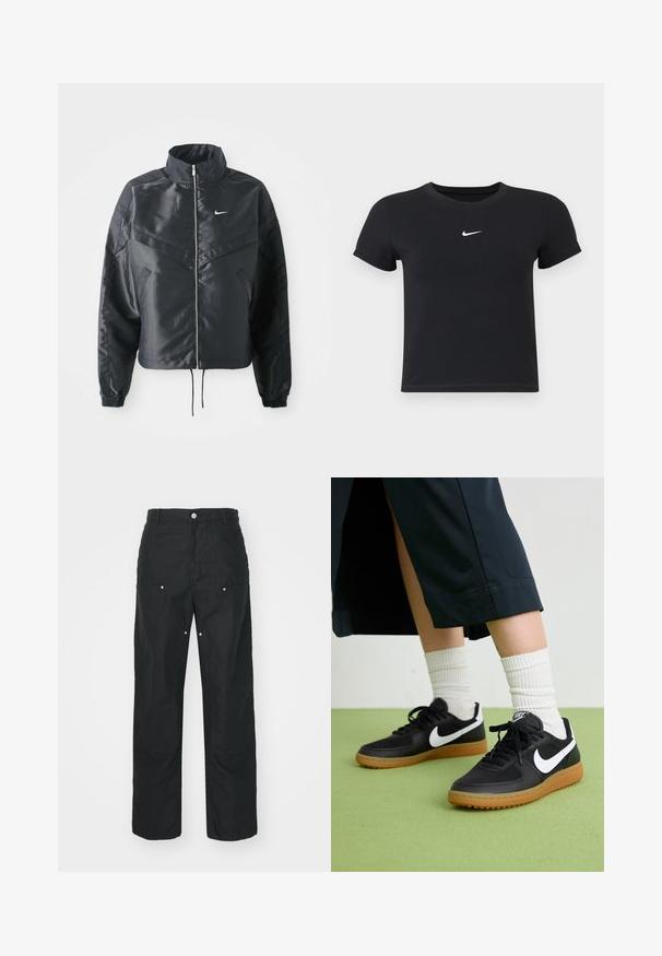 Crna kratka jakna s visokim ovratnikom, zatvaranjem na patentni zatvarač, elastinim rukavima i bijelim Nike logom. Glatka, sjajna tkanina s lagano teksturiranom površinom.; Crna majica kratkih rukava od pamuka s okruglim izrezom. Ima bijeli Nike logotip na prsima, minimalistički dizajn i oblik koji prati liniju tijela.; Crne hlače ravnog kroja, napravljene od teksturirane tkanine. Sadrže dekorativne srebrne detalje i jedinstveno obrubljene šavove.; Crne kožne i sintetičke tenisice s bijelim Nike swooshom, gumeni potplat, okrugli vrh i crne vezice. Vidljive rebraste bijele čarape.