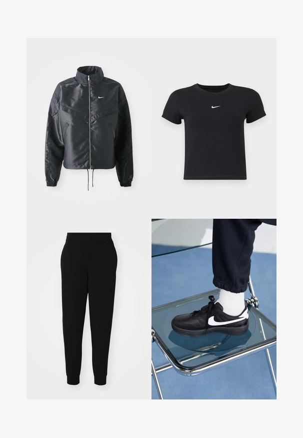 Mustat lyhyet takit, joissa on korkea kaulus, vetoketjukiinnitys, elastaanista valmistetut hihan suut ja valkoinen Nike-logo. Sileä, kiiltävä kangas, jossa on hieman tekstuuria.; Mustat lyhyet hihattomat t-paidat, jotka on valmistettu puuvillasta ja joissa on pyöreä pääntie. Sisältää valkoisen Nike-logon rinnassa, yksinkertainen muotoilu ja kapea leikkaus.; Mustat jogger-housut pehmeästä kankaasta, joissa on kapeneva lahje, joustava vyötärö ja ribatut hihnat sivusaumojen kanssa tyylikkään ilmeen saavuttamiseksi.; Mustat Nike-tennarit valkoisilla yksityiskohdilla, joissa on sileä nahkapinta, nauhakiinnitys ja pyöreä varvas, aseteltuna lasituolille.