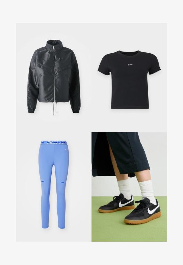 Sort cropped jakke med høj krave, lynlås lukning, elastiske manchetter og et hvidt Nike-logo. Glat, blankt stof med en let struktureret overflade.; Sort kortærmet t-shirt lavet af bomuld med rund hals. Har et hvidt Nike-logo på brystet, minimalistisk design og tætsiddende pasform.; Blå Nike Pro leggings lavet af elastisk stof med en tætsiddende pasform. Har en ensfarvet farve, brandet talje og logo detaljer.; Sorte læder- og syntetiske sneakers med hvid Nike swoosh, gummisål, rund tå og sorte snørebånd. Ribbede hvide sokker synlige.