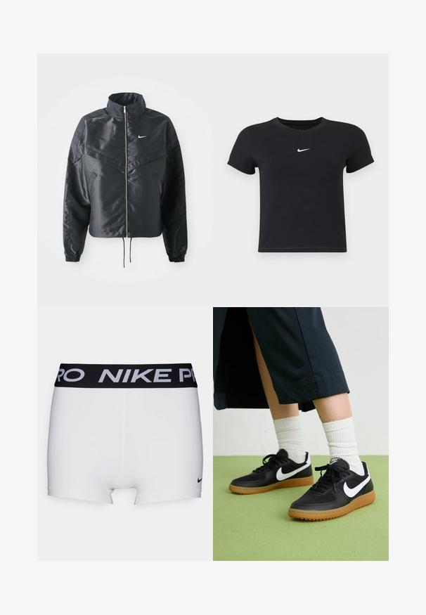 Fekete, rövidített dzseki magas gallérral, cipzáras záródással, elasztikus mandzsettákkal, és fehér Nike logóval. Simább, fényes anyag, enyhén textúrázott felülettel.; Fekete, rövid ujjú póló, pamutból készült, kerek nyakkivágással. A mellkasán fehér Nike logó található, minimális dizájnnal és testhez simuló formával.; Fehér sportos rövidnadrág fekete Nike Pro derékrésszel. Simaság jellemzi, és a szegély közelében egy kicsi fekete Nike logó található.; Fekete bőr és szintetikus sneakers, fehér Nike logo-val, gumi talppal, kerek orral és fekete fűzővel. Csíkos fehér zokni látható.