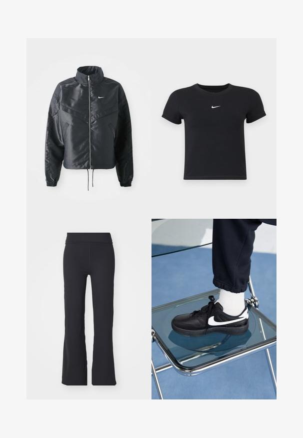Jachetă croppată neagră cu guler înalt, închidere cu fermoar, manșete din elastan și un logo alb Nike. Material neted, lucios, cu o suprafață ușor texturată.; Tricou negru cu mânecă scurtă, din bumbac, cu decolteu rotund. Prezintă un logo alb Nike pe piept, design minimalist și croială ajustată.; Pantaloni negri evazați din țesătură elastică, cu un talie înaltă. Prezintă linii curate și o textură netedă, fiind potriviți pentru îmbrăcăminte casual.; Adidași negri Nike cu accente albe, cu o textură de piele netedă, design cu șireturi și vârf rotunjit, așezați pe un scaun din sticlă.